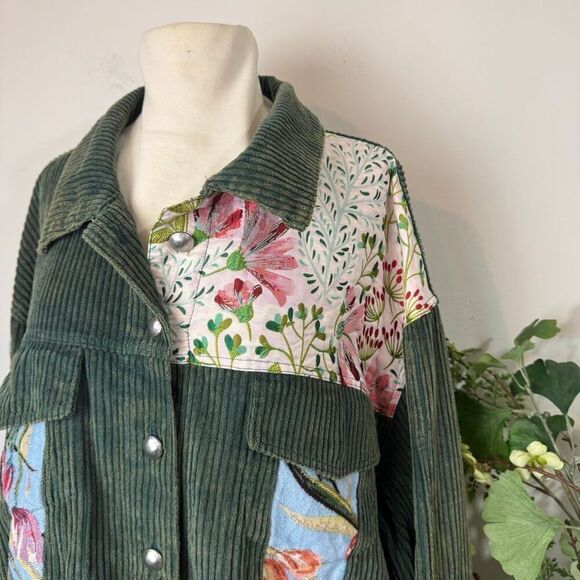 POL Corduroy Floral Patchwork Jacket | Large | Green Button Front - Picture 3 of 10